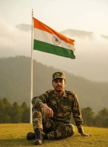 Army Attitude Shayari showing a soldier standing calmly with a flag to represent peaceful confidence