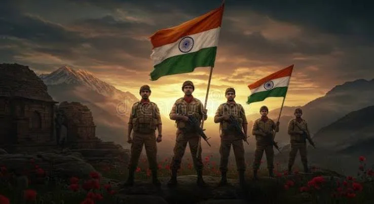 Army Attitude Shayari showing Indian soldiers standing together under the national flag