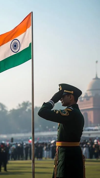 Army Attitude Shayari portraying a soldier in uniform with a national flag during a formal ceremony