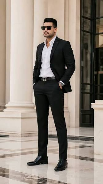 Best Royal Attitude Status In Hindi showing a confident man standing in a stylish black outfit