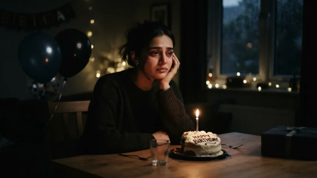 Lonely sad girl crying on her birthday alone with cake and balloons