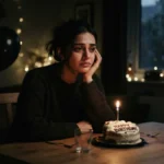 Lonely sad girl crying on her birthday alone with cake and balloons