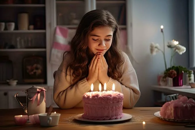 Birthday Sad Shayari showing a woman quietly looking at a birthday cake in a dim room