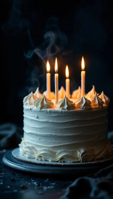 Birthday Sad Shayari showing a birthday cake with candles glowing in a dark room