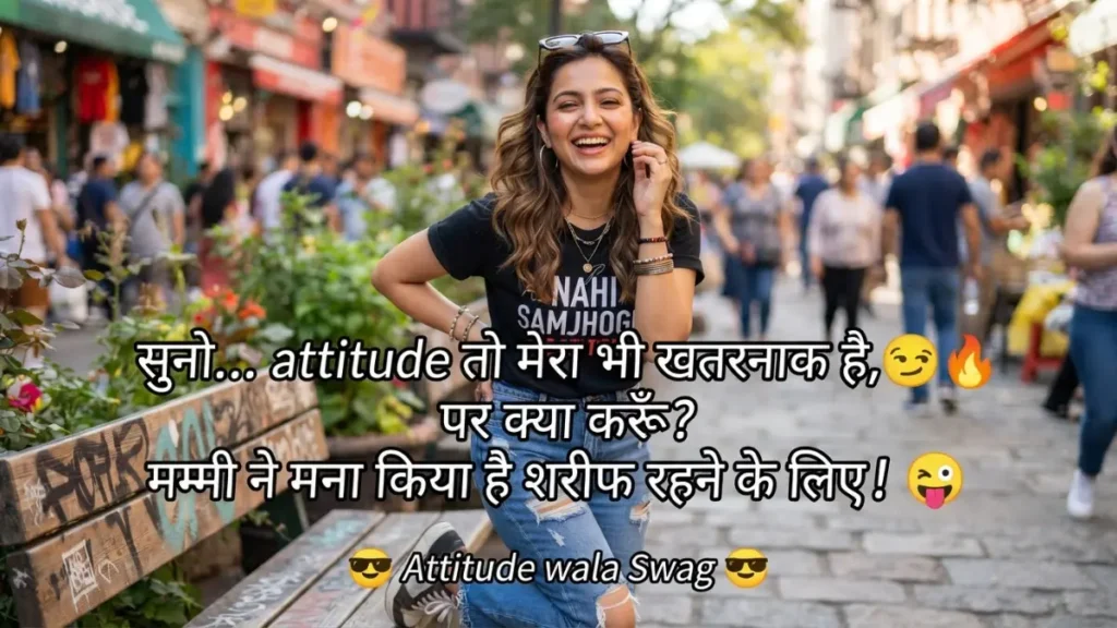 Funny girls attitude shayari image - Smiling girl in street with Hindi text Suno attitude to mera bhi khatarnak hai par mummy ne mana kiya sharif rehne ke liye