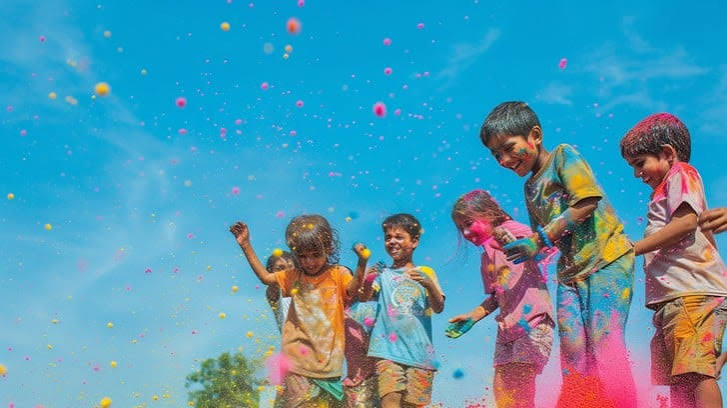 Holi Sad Shayari In Hindi showing adults and children enjoying a colorful Holi celebration together