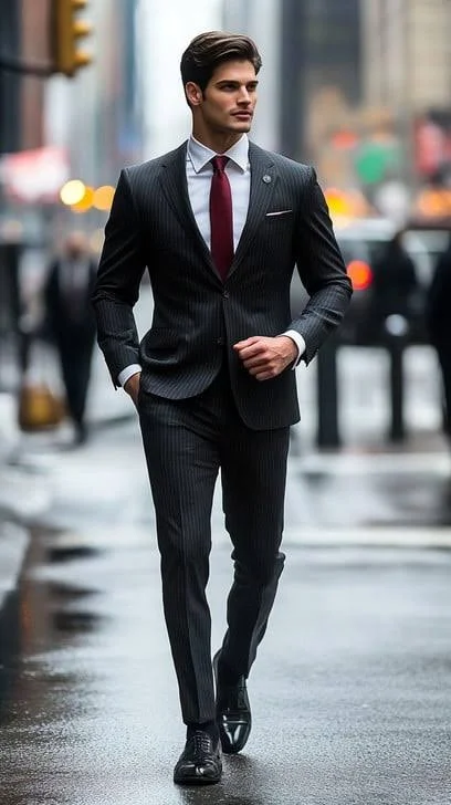 King Attitude Shayari In English showing a confident businessman walking across a city street