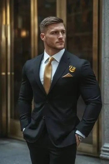 King Attitude Shayari In English showing a stylish man in a black suit with a gold tie posing confidently