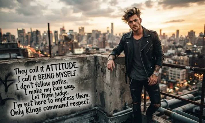 King Attitude Shayari In English showing a confident young man in a suit against an urban backdrop