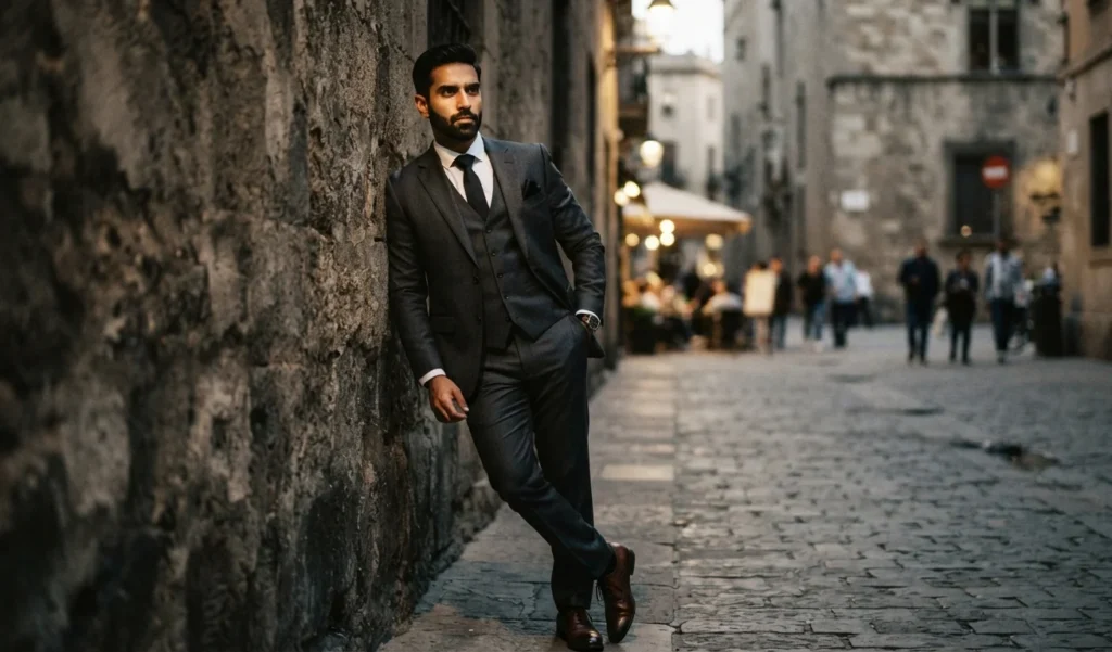 King Attitude Shayari In English showing a serious man in a suit leaning against a wall with quiet confidence