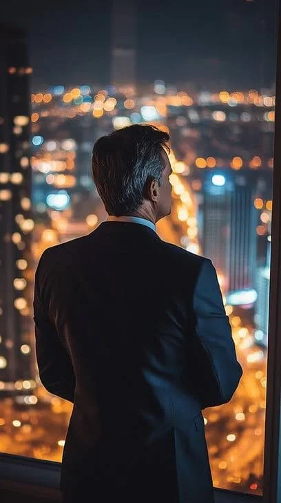 King Attitude Shayari In English showing a confident man in a formal suit against a city night backdrop