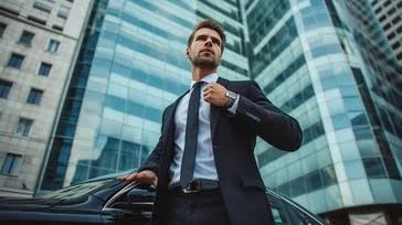 King Attitude Shayari In English showing a confident businessman posing in a full suit against a city building