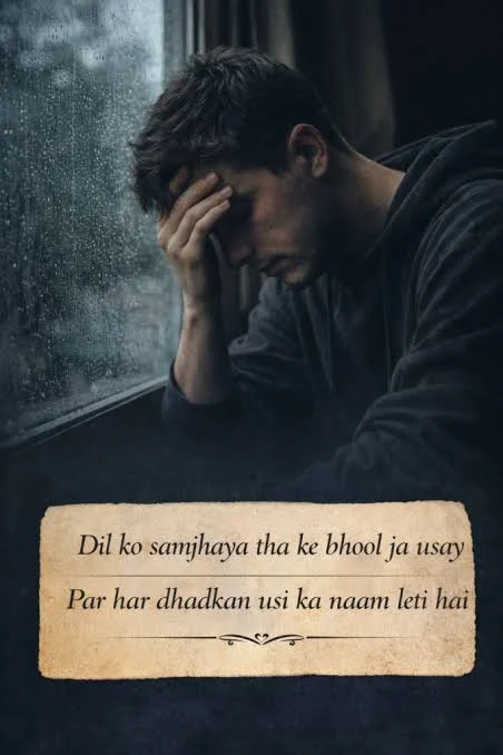 Sad Emotional Shayari In English showing a young man sitting alone by a window in deep thought