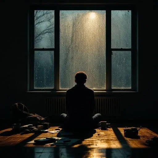 Sad Emotional Shayari In English showing a person sitting alone beside a large window in a quiet room
