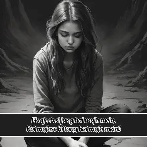 Sad Emotional Shayari In English showing a woman in deep thought while sitting in a dim portrait setting