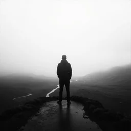 Sad Shayari On Life Marathi showing a person walking alone on a misty mountain path