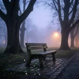 Sad Shayari On Life Marathi showing an empty bench under trees during a cloudy evening