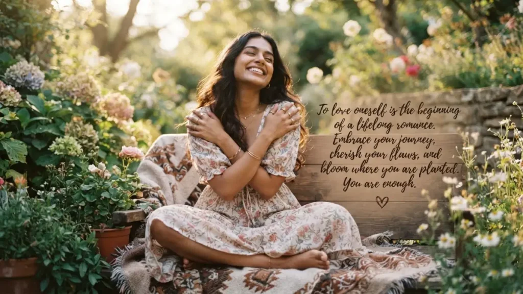 Self Love Shayari In English Smiling young woman hugging herself sitting on garden bench surrounded by flowers with self love quote - To love oneself is the beginning of a lifelong romance you are enough