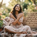 Self Love Shayari In English Smiling young woman hugging herself sitting on garden bench surrounded by flowers with self love quote - To love oneself is the beginning of a lifelong romance you are enough
