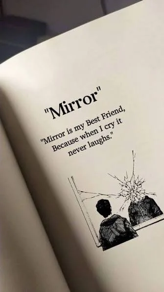 Self Love Shayari In English showing a confident woman smiling at her reflection in a mirror