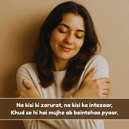 Self Love Shayari In English showing a confident woman in a white shirt enjoying a peaceful mirror moment