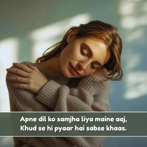 Self Love Shayari In English showing a woman confidently embracing her reflection with self acceptance