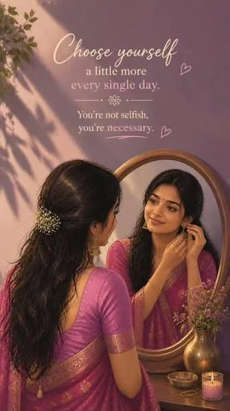 Self Love Shayari In English showing a woman viewing her reflection in a mirror with a message of resilience