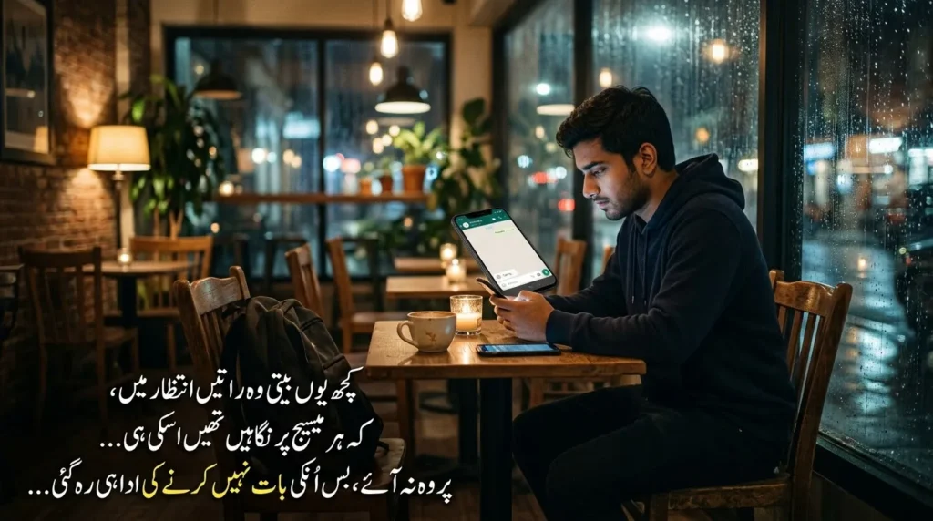  Baat Nahi Karne Ki Shayari showing a person sitting alone and looking at a phone while waiting for a message