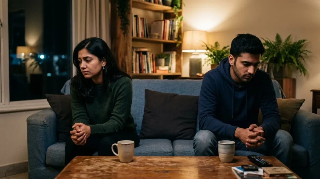  Baat Nahi Karne Ki Shayari about emotional distance between two people sitting silently after a misunderstanding