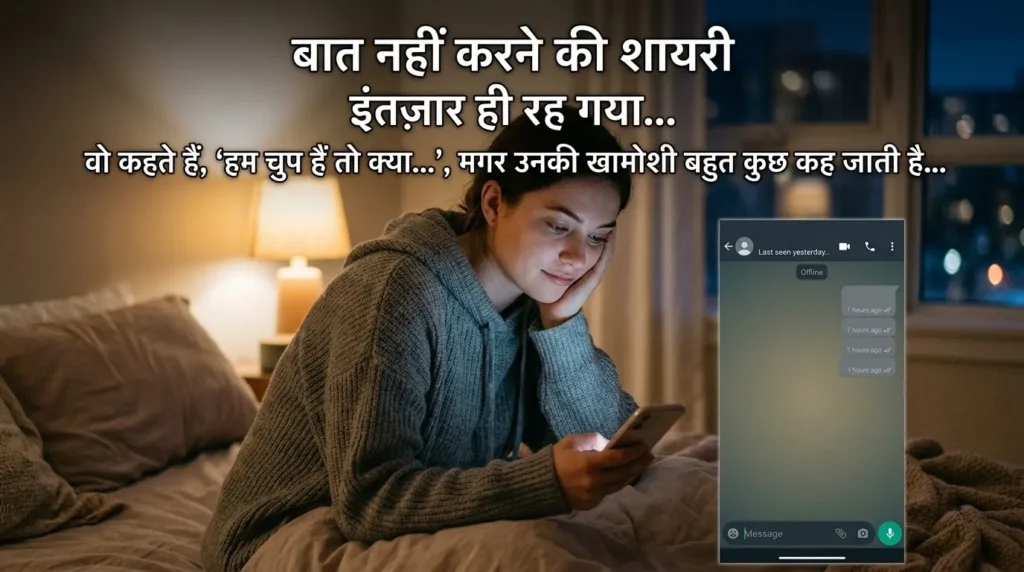 Baat Nahi Karne Ki Shayari for WhatsApp Status showing a quiet phone screen and a person waiting for a reply