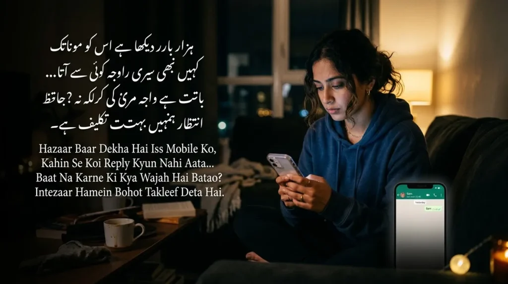 Baat Nahi Karne Ki Shayari about waiting for a reply while holding a smartphone alone