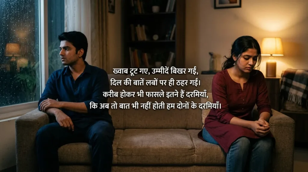 Baat Nahi Karne Ki Shayari about two people sitting apart and feeling emotional distance in a relationship