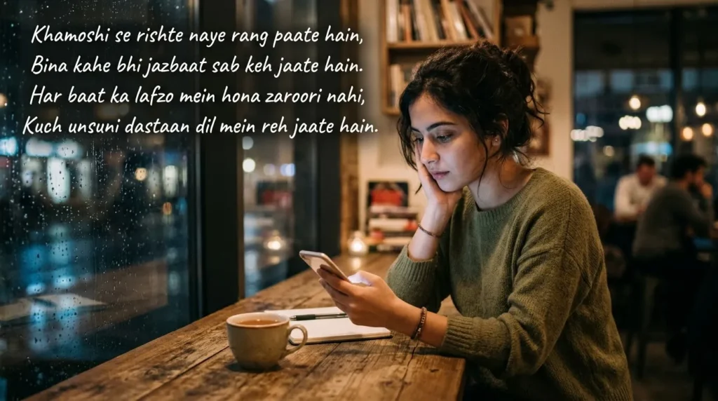 Baat Nahi Karne Ki Shayari for a girl or boy showing a thoughtful person using a smartphone in a quiet moment
