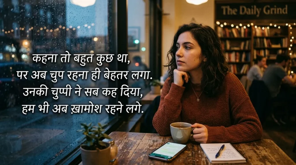  Baat Nahi Karne Ki Shayari for social media showing a quiet person reflecting after an unanswered conversation