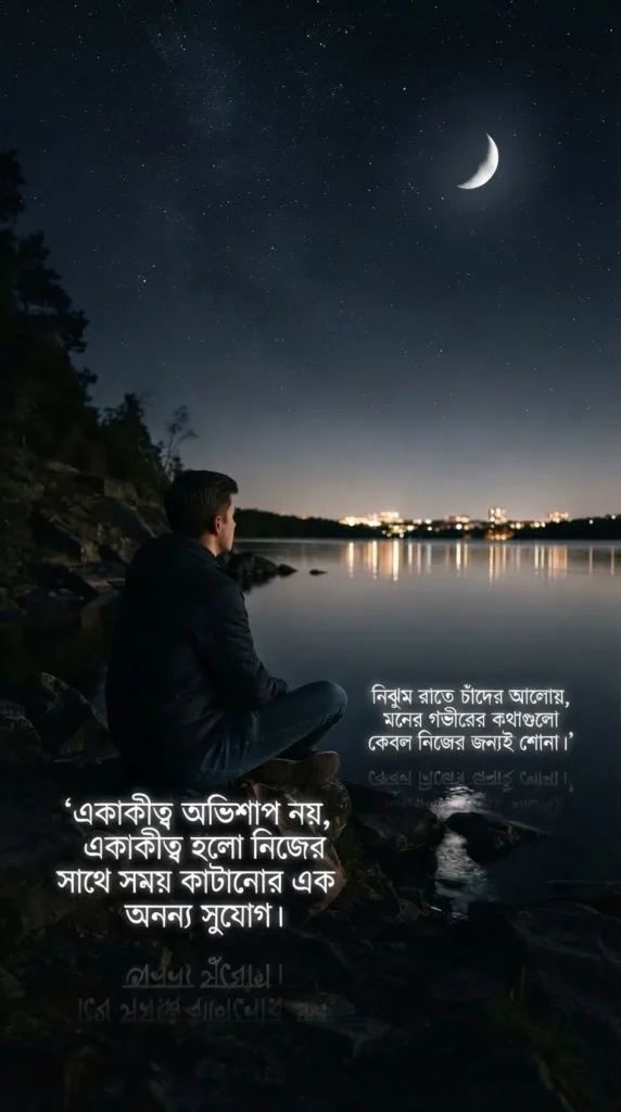 Bengali Alone Quotes For Captions showing a person sitting alone near calm water at night