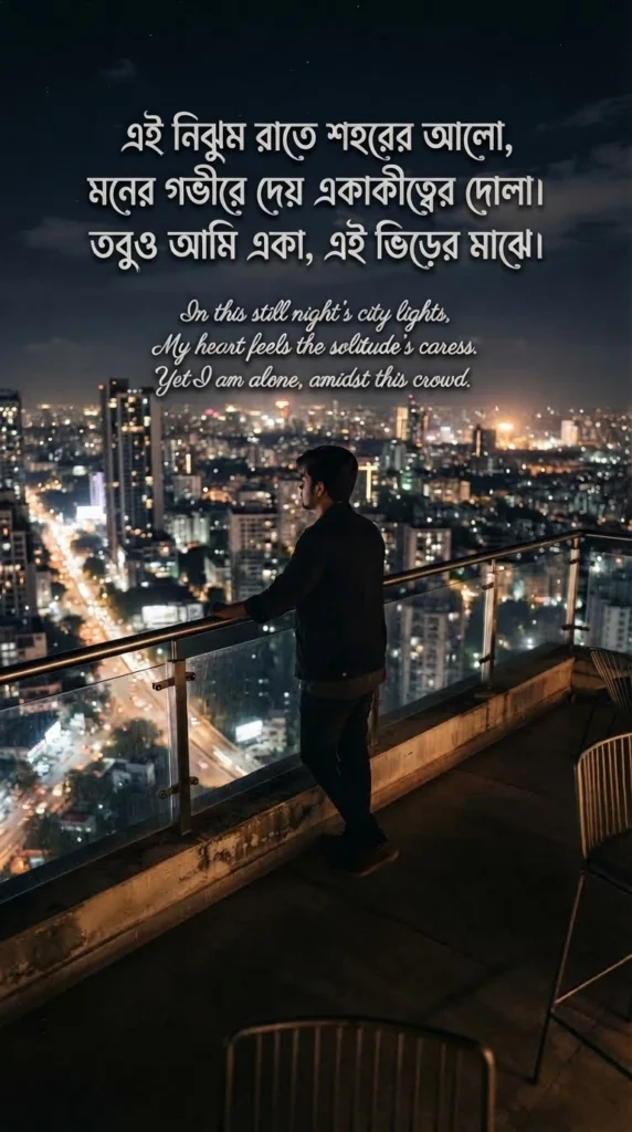 Bengali Alone Quotes For Captions with a solitary person looking at city lights at night