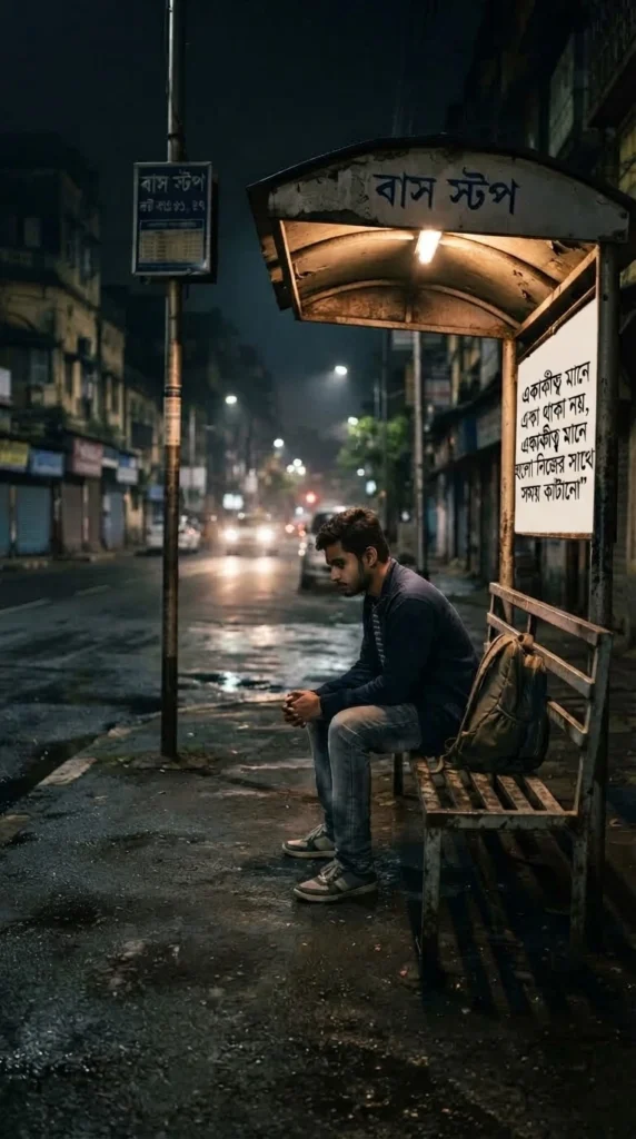 Bengali Alone Quotes For Captions showing a person sitting alone at a quiet bus stop at night
