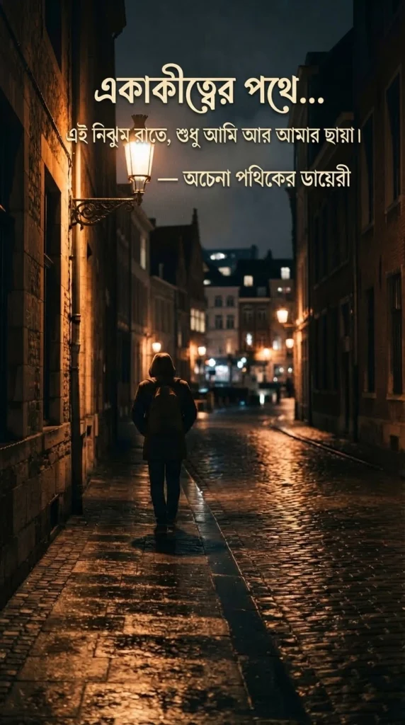 Bengali Alone Quotes For Captions featuring a lone person under a streetlight in a quiet city