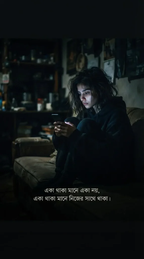 Bengali Alone Quotes For Captions with a solitary figure using a phone in the darkness