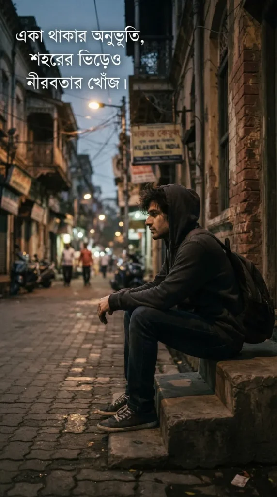 Bengali Alone Quotes For Captions with a person in a hoodie reflecting alone in an urban setting