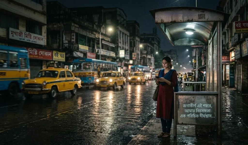 Bengali Alone Quotes For Captions showing a person standing alone at a city bus stop