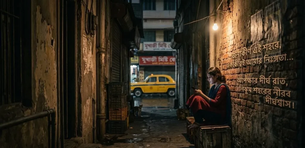 Bengali Alone Quotes For Captions with a person sitting alone in a dark city alley at night