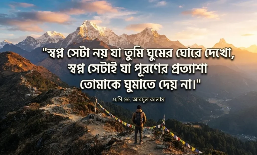 A person stands on a mountain peak at sunrise overlooking snow-capped peaks with prayer flags in the foreground.