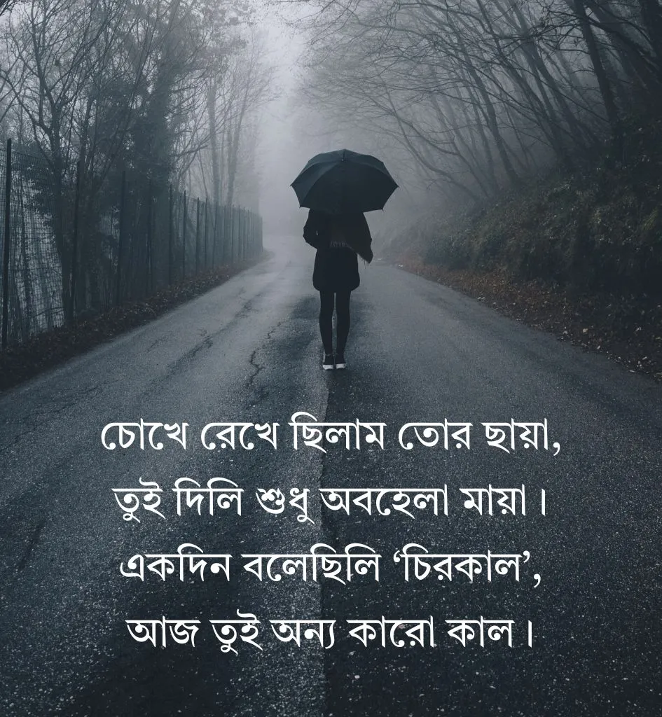 Bengali Emotional Sad Shayari Images showing a lonely person beside a misty lake