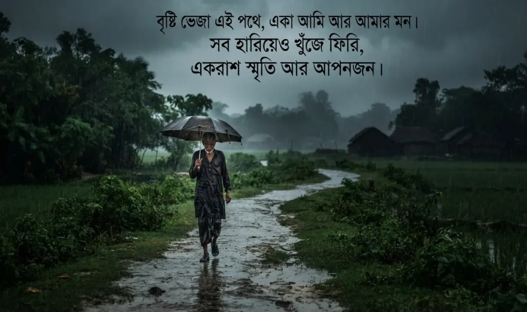 Bengali Emotional Sad Shayari Images showing a solitary person walking through rain