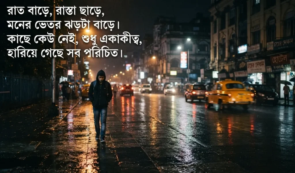 Bengali Emotional Sad Shayari Images showing a person alone on a reflective city street at night