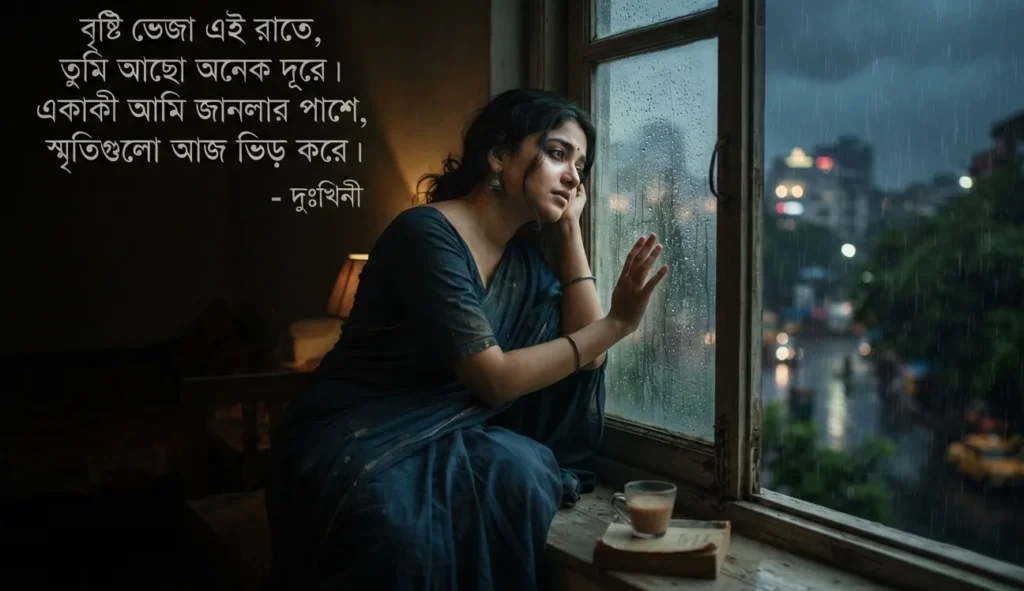 Bengali Emotional Sad Shayari Images showing a lonely person sitting beside a rainy window