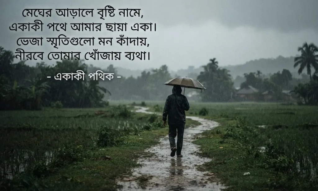 Bengali Emotional Sad Shayari Images showing a solitary figure walking through a rainy landscape