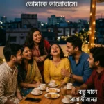 Bengali Friendship Quotes showing a group of friends laughing together during a joyful evening