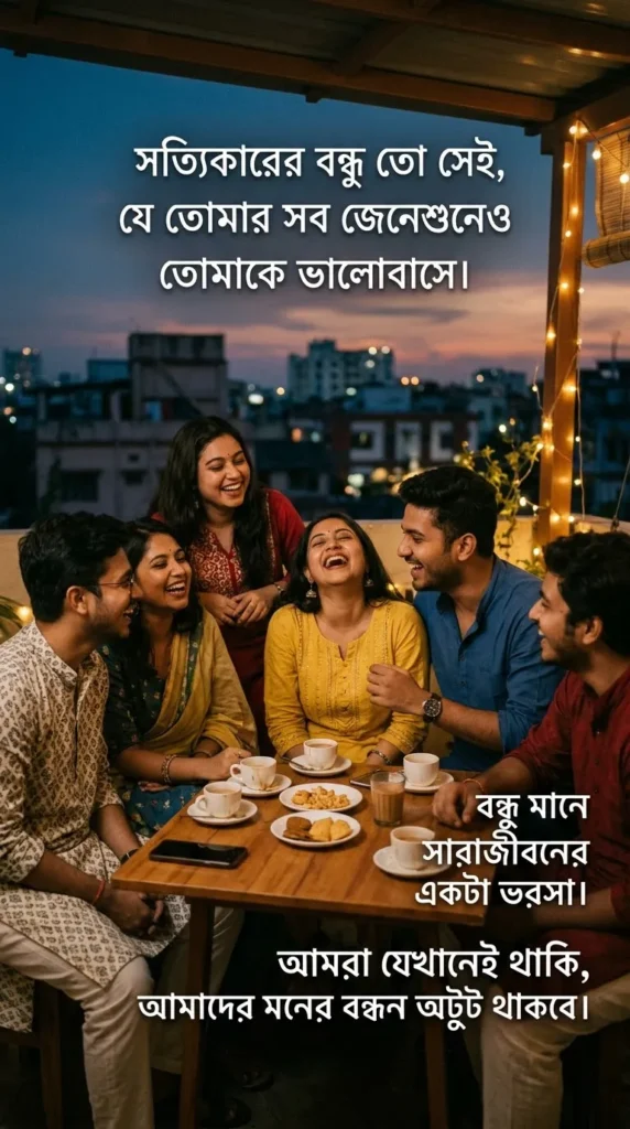 Bengali Friendship Quotes showing a group of friends laughing together during a joyful evening
